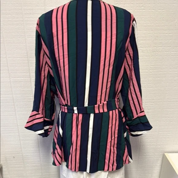 Eloquii Blue and Pink Bell Sleeve Wrap Blouse - Picture 4 of 6